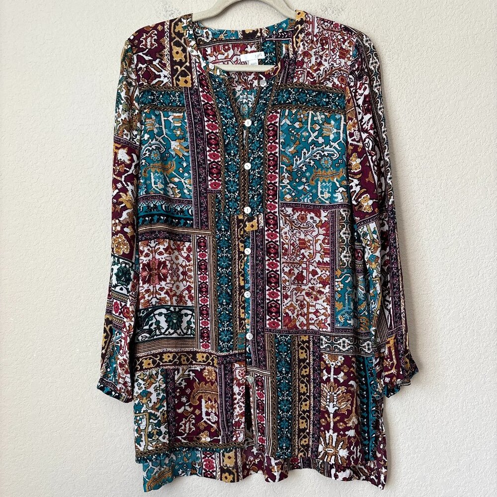 J. Jill Boho Patchwork Print Button Up Longline T… - image 2